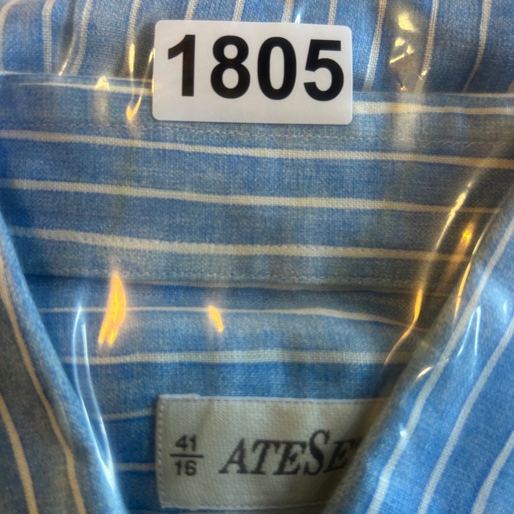 Ateseta Mens 100% Linen Striped Button Down Shirt Blue White Size 16 41 Italy - Picture 6 of 6